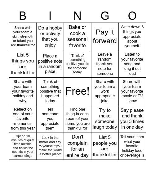 Gratitude Bingo Card