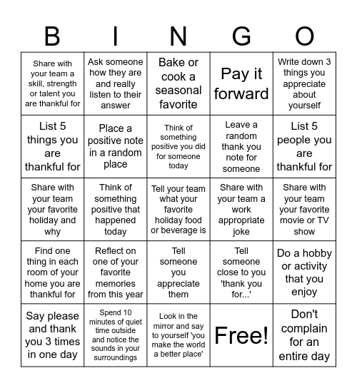 Gratitude Bingo Card