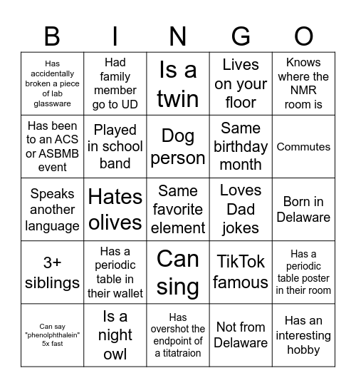 CHEM 164 Introduction Bingo Card