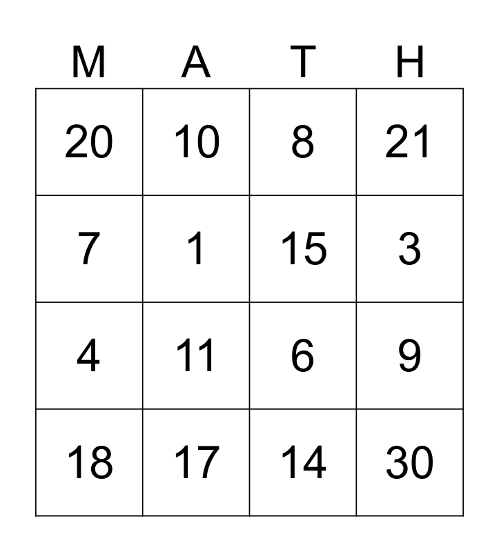 1st grade math Bingo Card