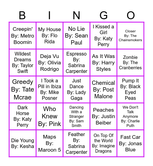 POP MUSIC BINGO R2 Bingo Card