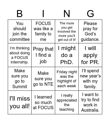FOCUS Last Supper Bingo Card