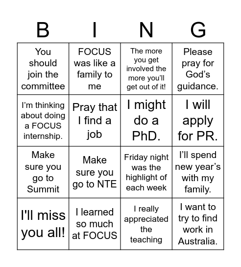 FOCUS Last Supper Bingo Card