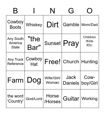 Country Song Bingo Card