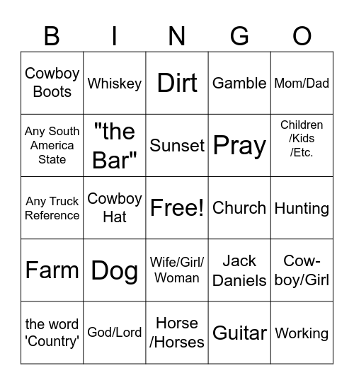 Country Song Bingo Card