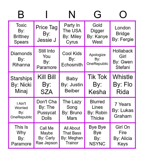 POP and R&B MUSIC BINGO R3 Bingo Card