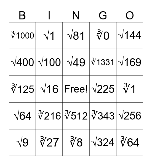 Perfect Squares and Cubes Bingo Card