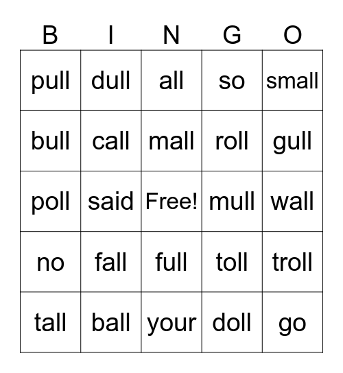 -all, -ull, -oll and sight words Bingo Card