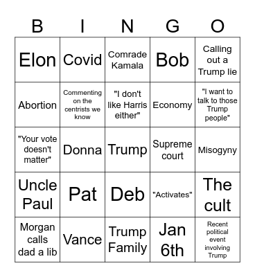 Dinner Bingo Card