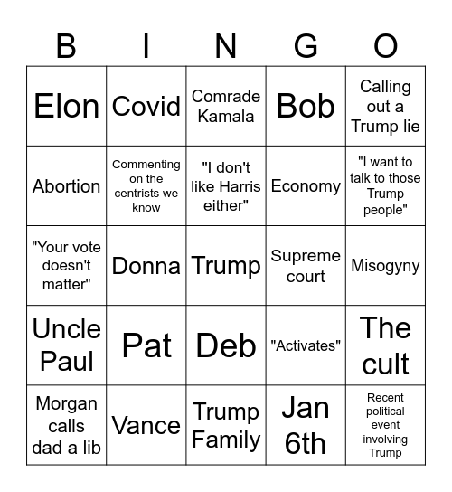 Dinner Bingo Card