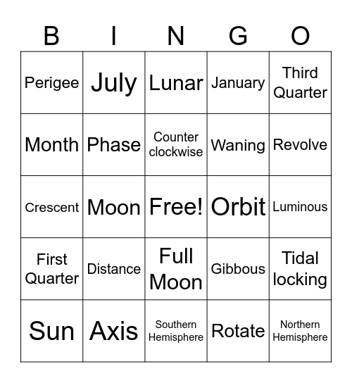 Lunar phases Bingo Card