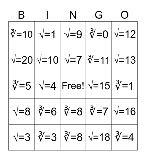 Perfect Squares and Cubes = Opposites Bingo Card