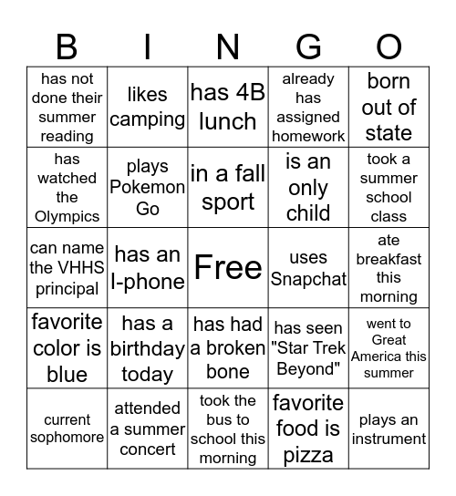 Room 0205 Bingo Card