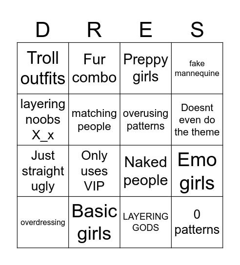 DRESS TO IMPRESS Bingo Card