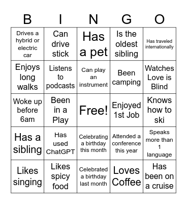 Ice Breaker Team Bingo Card