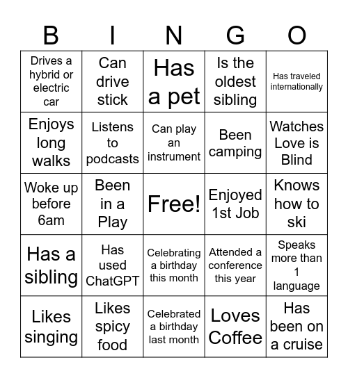 Ice Breaker Team Bingo Card