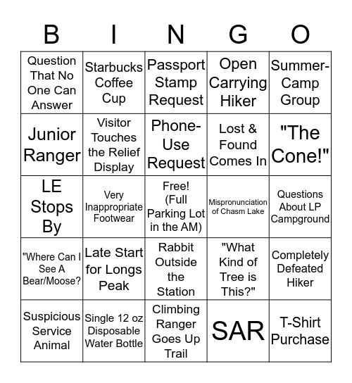 Longs Peak Ranger Station Bingo Card