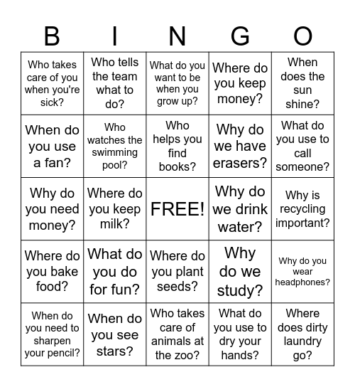 Mixed WH Questions Bingo Card