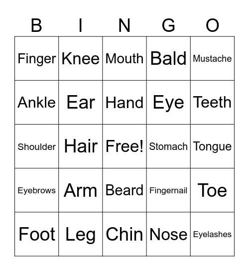 Body Parts Bingo Card