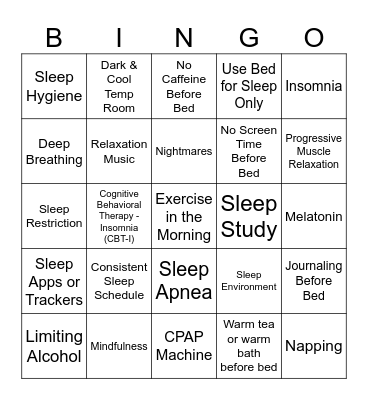 Sleep Hygiene, Relaxation Techniques, Common Sleep Problems Bingo Card