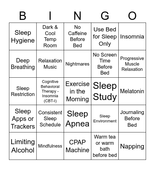 Sleep Hygiene, Relaxation Techniques, Common Sleep Problems Bingo Card