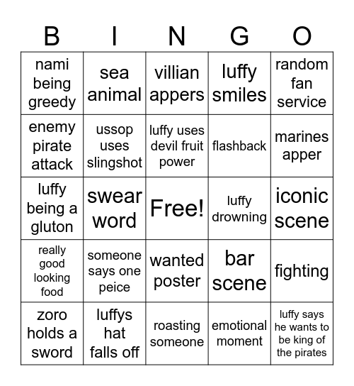 One peice bingo Card