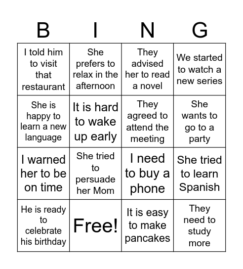 Infinitives with TO Bingo Card