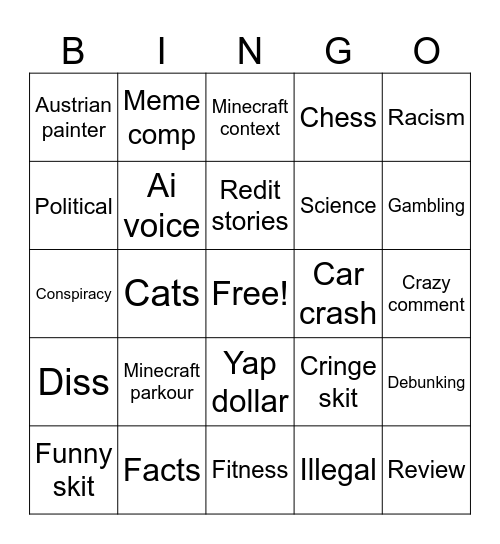 Short form content Bingo Card