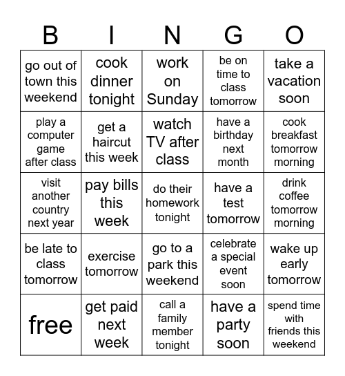 "Going To" Bingo Card