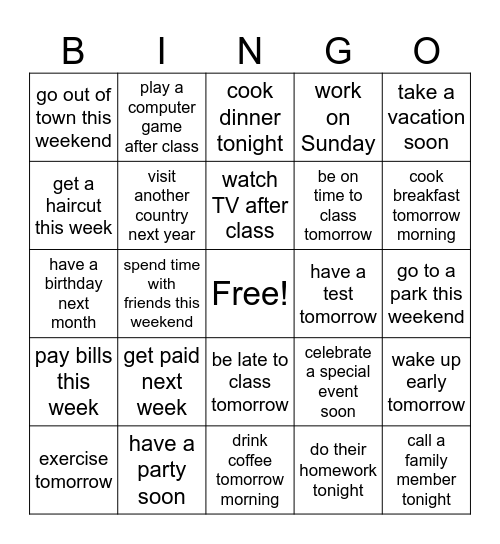 "Going To" Bingo Card