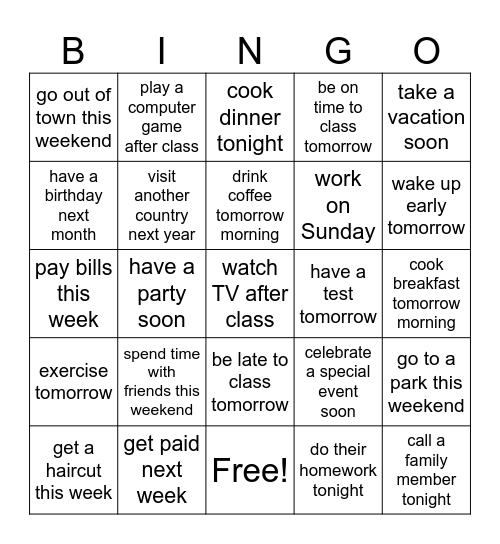 "Going To" Bingo Card