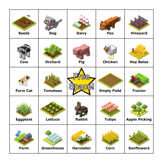 Cube Farm Harvest Bingo Card