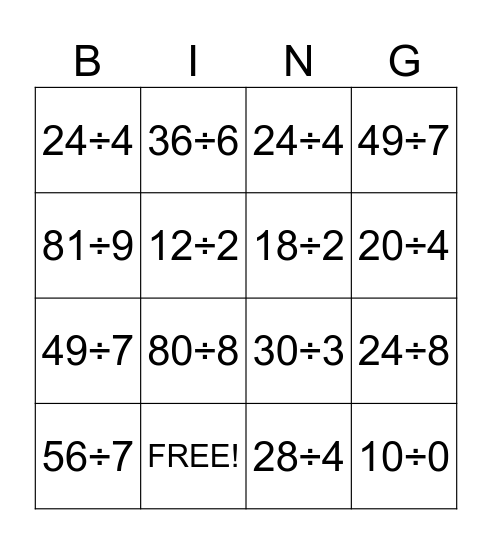 Division Bingo Card