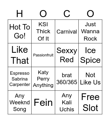 Hoco Songs Bingo Card