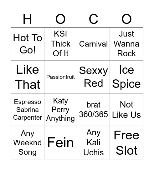 Hoco Songs Bingo Card