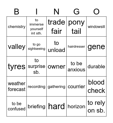 Vocabulary revision Bingo Card