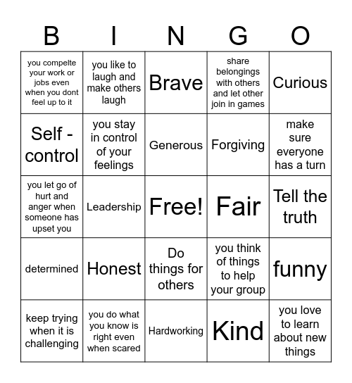 Personal Strengths Bingo Card