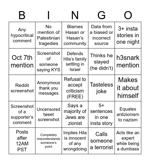 Ethan’s Instagram crash outs Bingo Card