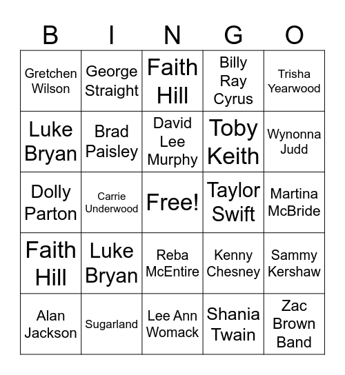 90’s & 00’s Country Bingo Card