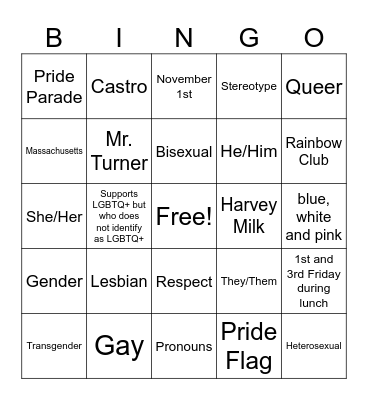 Rainbow Club Bingo Week 1 Bingo Card