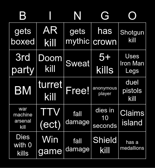 Fortnite Bingo Chapter 5 season 4 Bingo Card