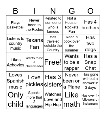 Get to know you Bingo Card