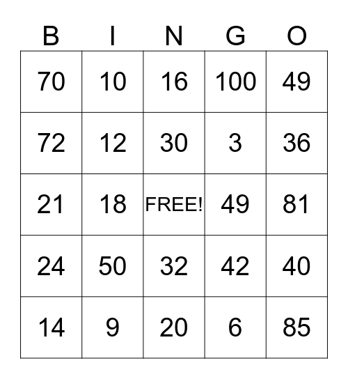 MULTIPLICATION BINGO Card