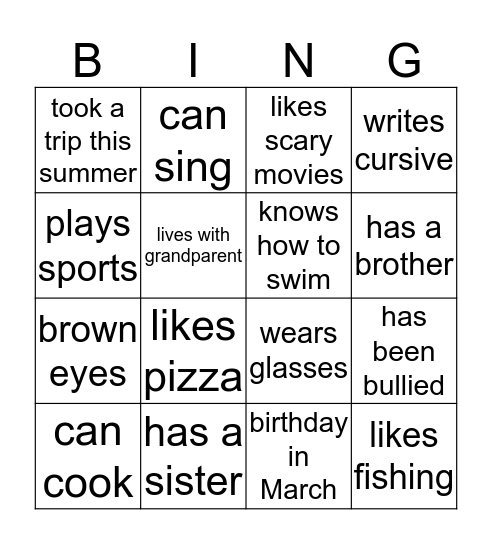 Getting to Know You Bingo Card