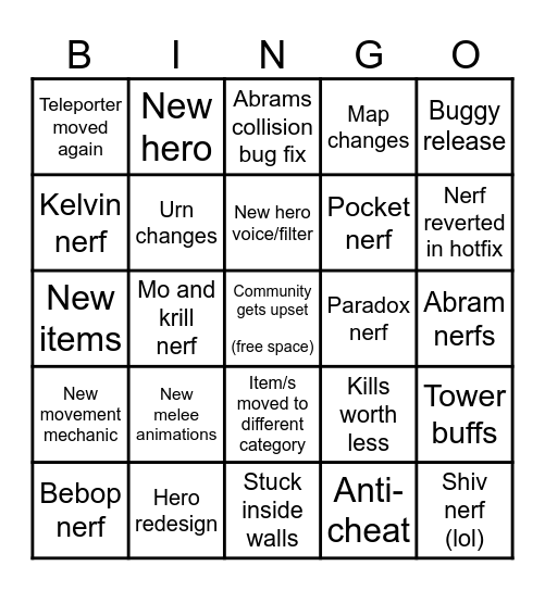 Deadlock patch bingo Card