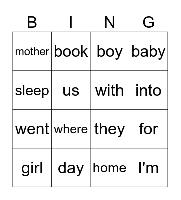 High Frequency Words (level 1) Bingo Card