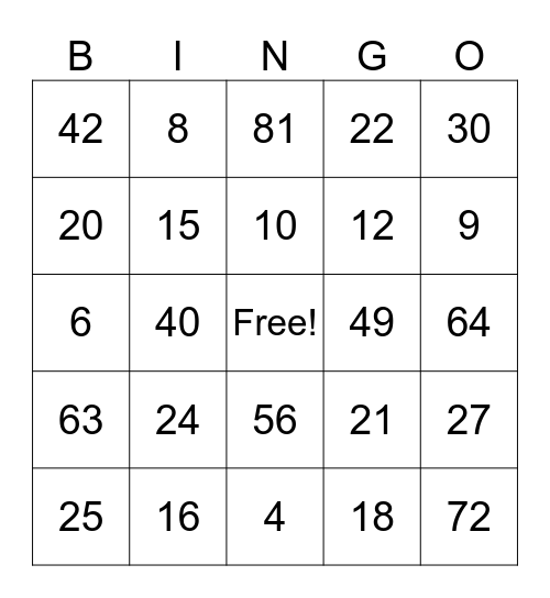 Multiplication Bingi Bingo Card