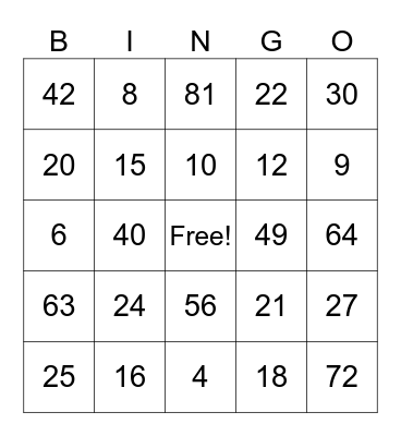 Multiplication Bingo Card