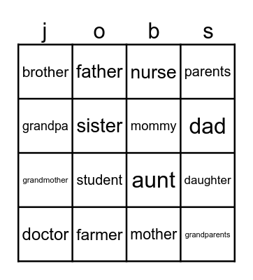 Family and Jobs Bingo Card