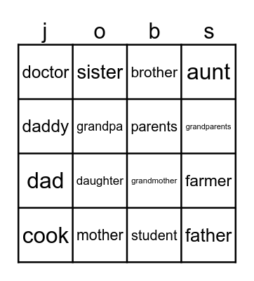 Family and Jobs Bingo Card